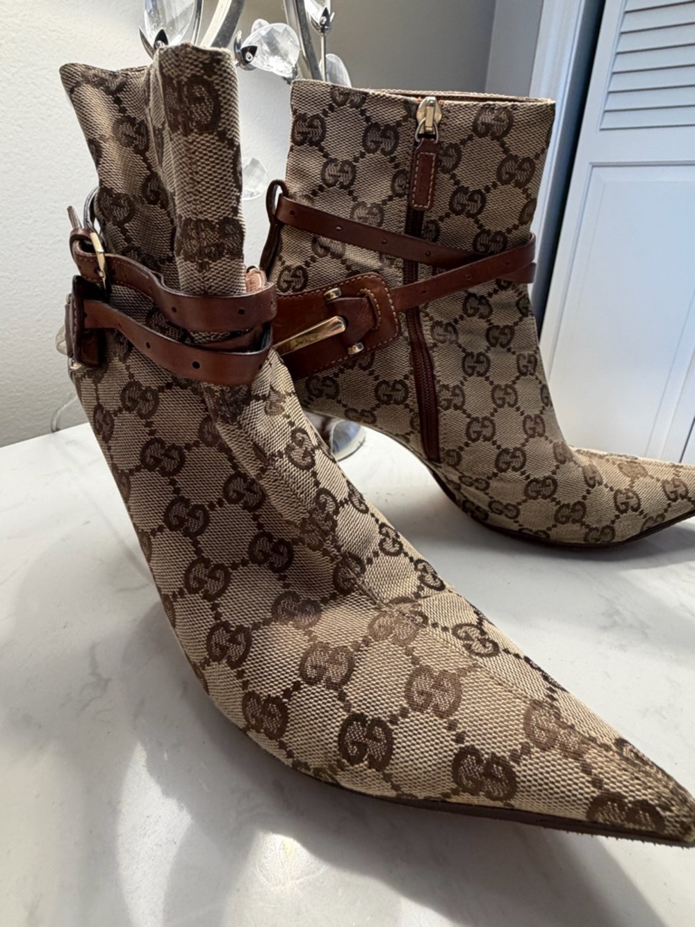 Gucci Beige and Brown GG Canvas Ankle Boots with Leather Straps